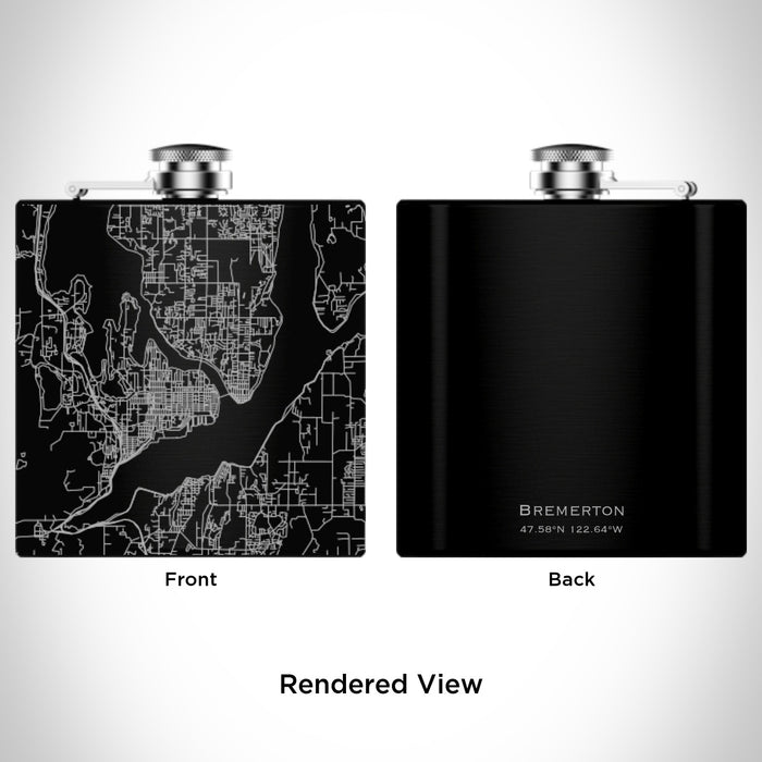 Rendered View of Bremerton Washington Map Engraving on 6oz Stainless Steel Flask in Black