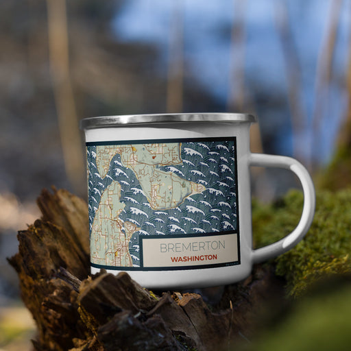 Right View Custom Bremerton Washington Map Enamel Mug in Woodblock on Grass With Trees in Background