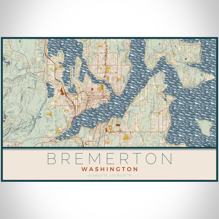 Bremerton Washington Map Print Landscape Orientation in Woodblock Style With Shaded Background