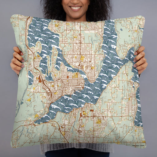 Person holding 22x22 Custom Bremerton Washington Map Throw Pillow in Woodblock