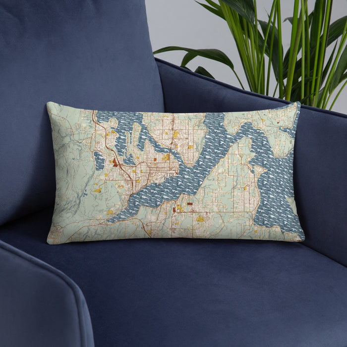 Custom Bremerton Washington Map Throw Pillow in Woodblock on Blue Colored Chair