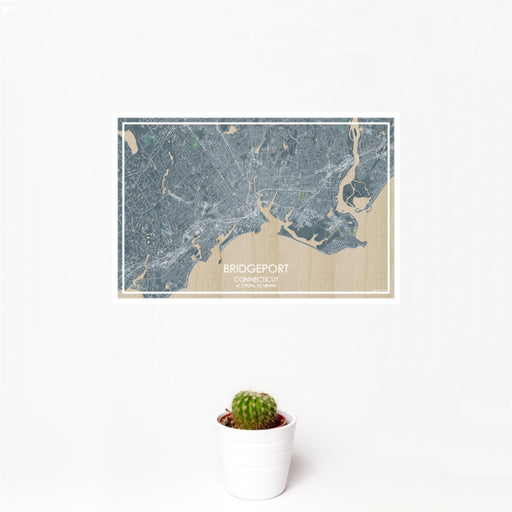 12x18 Bridgeport Connecticut Map Print Landscape Orientation in Afternoon Style With Small Cactus Plant in White Planter