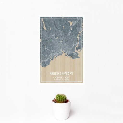 12x18 Bridgeport Connecticut Map Print Portrait Orientation in Afternoon Style With Small Cactus Plant in White Planter