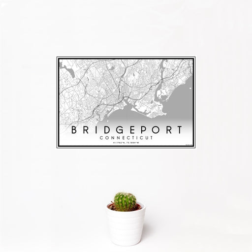 12x18 Bridgeport Connecticut Map Print Landscape Orientation in Classic Style With Small Cactus Plant in White Planter