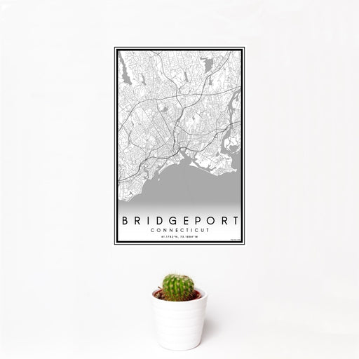 12x18 Bridgeport Connecticut Map Print Portrait Orientation in Classic Style With Small Cactus Plant in White Planter