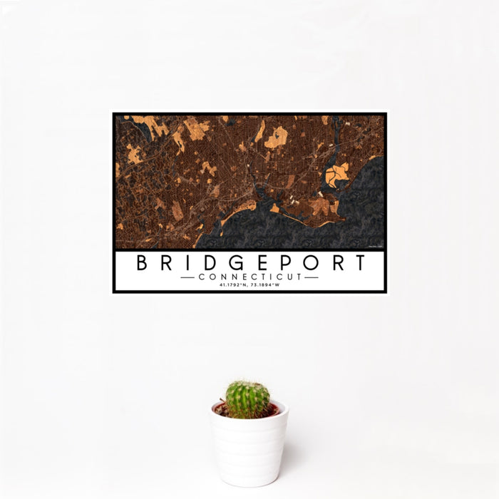 12x18 Bridgeport Connecticut Map Print Landscape Orientation in Ember Style With Small Cactus Plant in White Planter