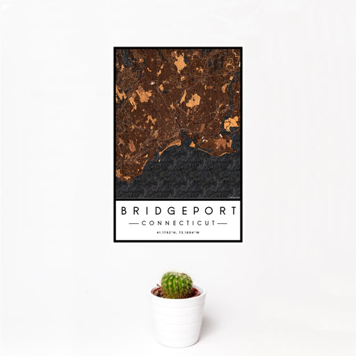 12x18 Bridgeport Connecticut Map Print Portrait Orientation in Ember Style With Small Cactus Plant in White Planter
