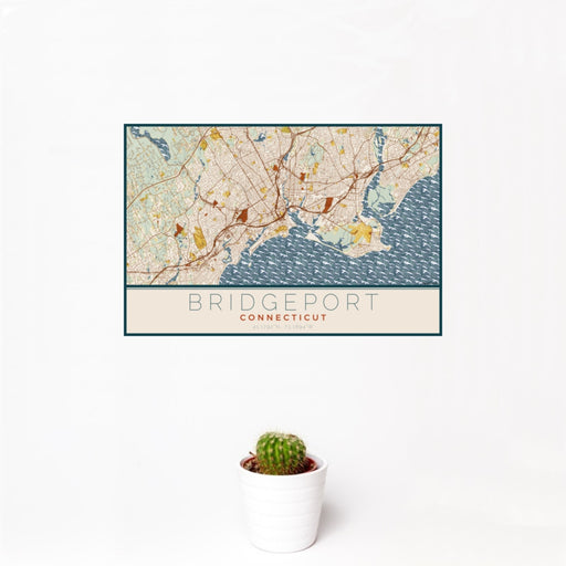 12x18 Bridgeport Connecticut Map Print Landscape Orientation in Woodblock Style With Small Cactus Plant in White Planter