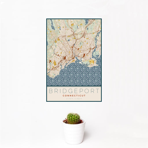12x18 Bridgeport Connecticut Map Print Portrait Orientation in Woodblock Style With Small Cactus Plant in White Planter