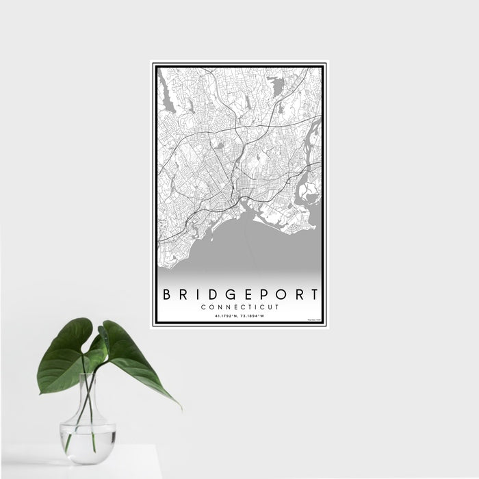 16x24 Bridgeport Connecticut Map Print Portrait Orientation in Classic Style With Tropical Plant Leaves in Water
