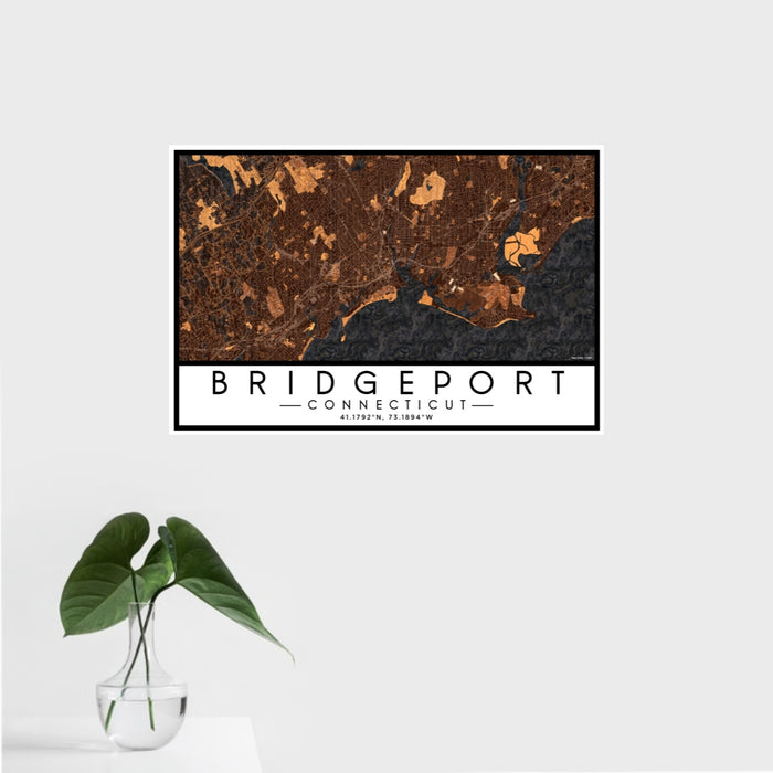16x24 Bridgeport Connecticut Map Print Landscape Orientation in Ember Style With Tropical Plant Leaves in Water