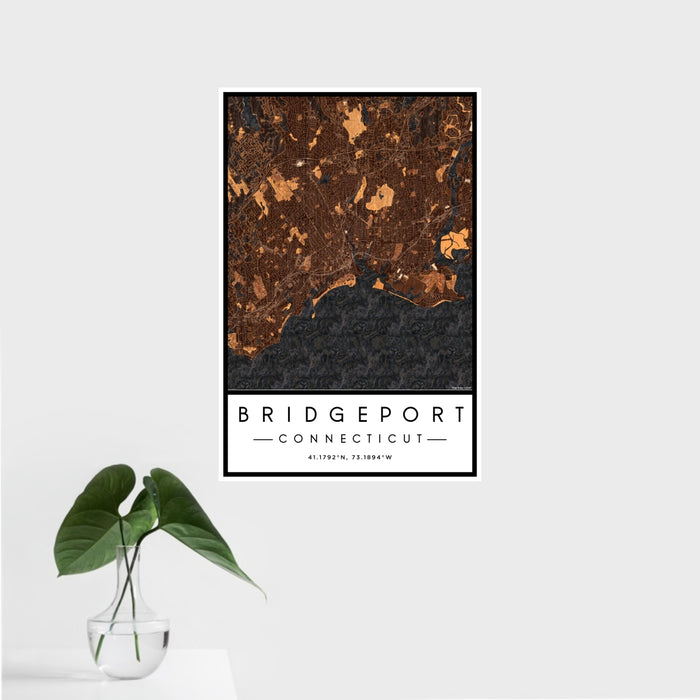 16x24 Bridgeport Connecticut Map Print Portrait Orientation in Ember Style With Tropical Plant Leaves in Water