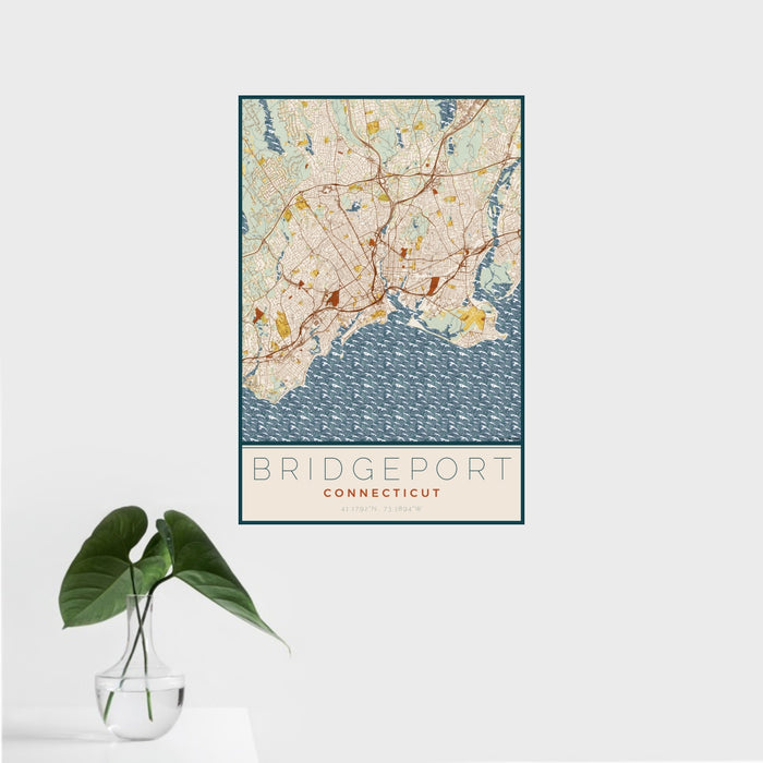 16x24 Bridgeport Connecticut Map Print Portrait Orientation in Woodblock Style With Tropical Plant Leaves in Water