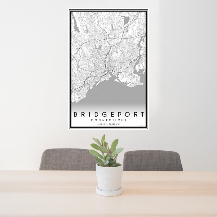 24x36 Bridgeport Connecticut Map Print Portrait Orientation in Classic Style Behind 2 Chairs Table and Potted Plant