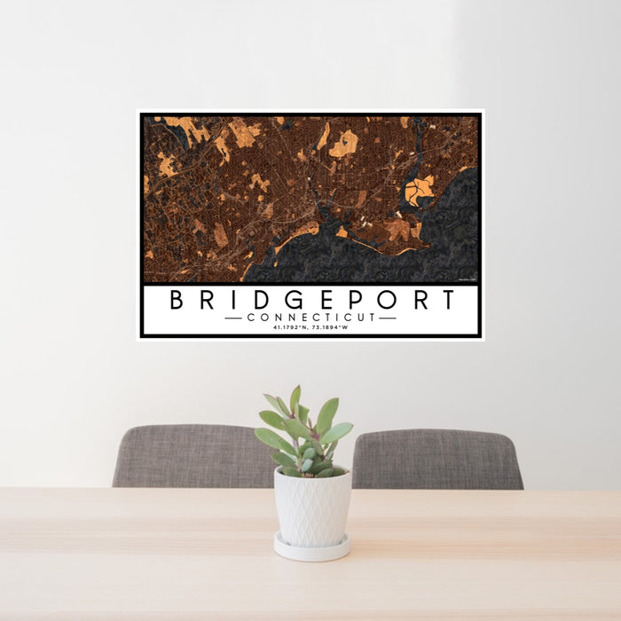 24x36 Bridgeport Connecticut Map Print Lanscape Orientation in Ember Style Behind 2 Chairs Table and Potted Plant
