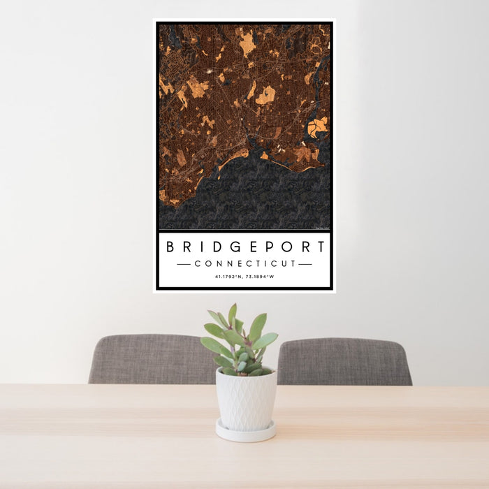 24x36 Bridgeport Connecticut Map Print Portrait Orientation in Ember Style Behind 2 Chairs Table and Potted Plant