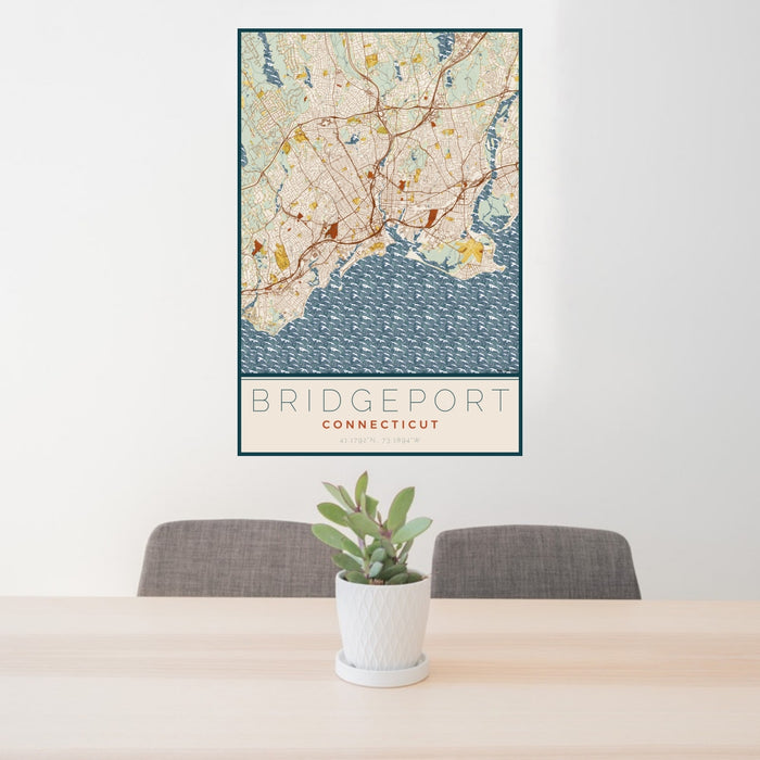 24x36 Bridgeport Connecticut Map Print Portrait Orientation in Woodblock Style Behind 2 Chairs Table and Potted Plant