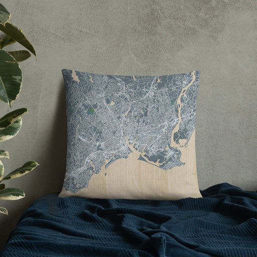 Custom Bridgeport Connecticut Map Throw Pillow in Afternoon on Bedding Against Wall