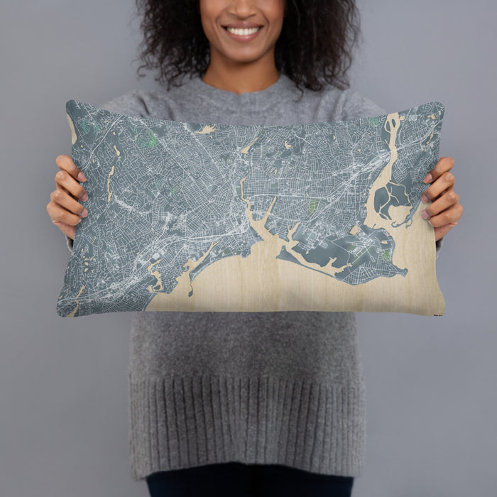 Person holding 20x12 Custom Bridgeport Connecticut Map Throw Pillow in Afternoon