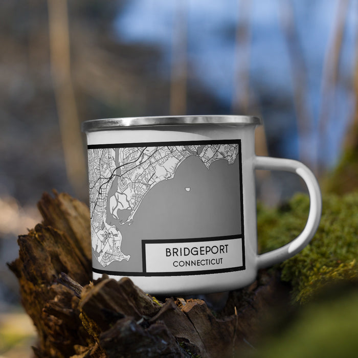 Right View Custom Bridgeport Connecticut Map Enamel Mug in Classic on Grass With Trees in Background