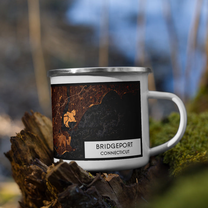 Right View Custom Bridgeport Connecticut Map Enamel Mug in Ember on Grass With Trees in Background