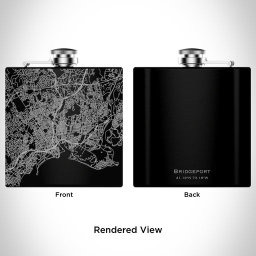 Rendered View of Bridgeport Connecticut Map Engraving on 6oz Stainless Steel Flask in Black