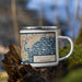 Right View Custom Bridgeport Connecticut Map Enamel Mug in Woodblock on Grass With Trees in Background