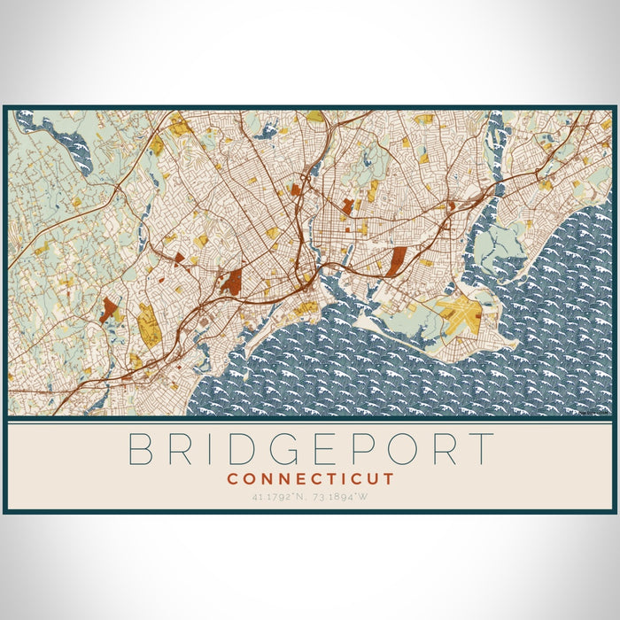Bridgeport Connecticut Map Print Landscape Orientation in Woodblock Style With Shaded Background