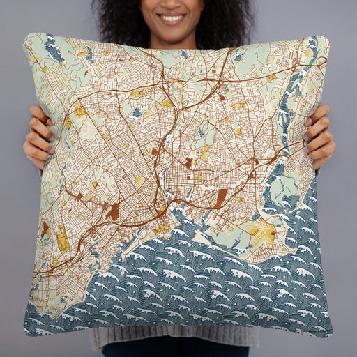 Person holding 22x22 Custom Bridgeport Connecticut Map Throw Pillow in Woodblock