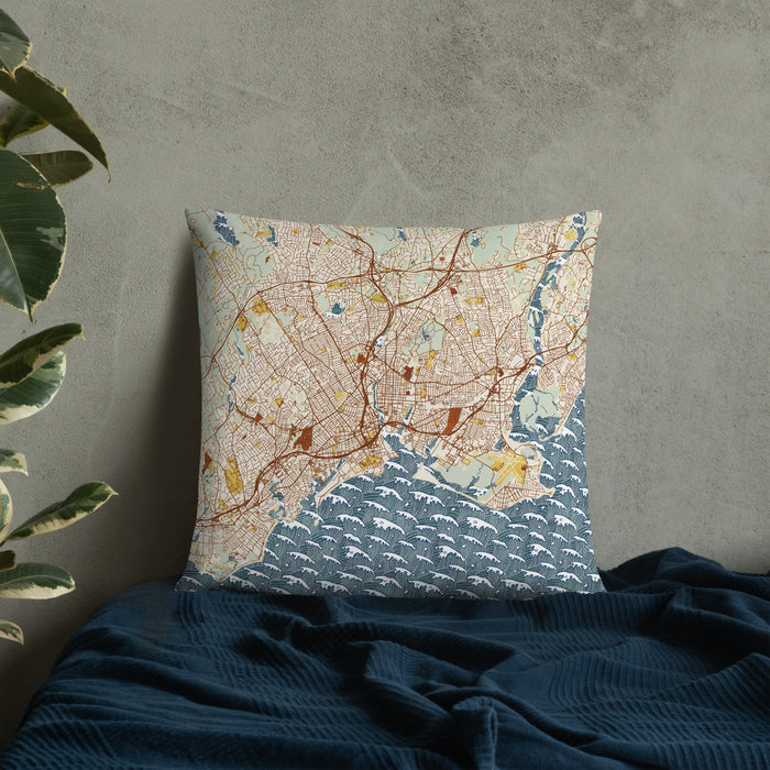 Custom Bridgeport Connecticut Map Throw Pillow in Woodblock on Bedding Against Wall