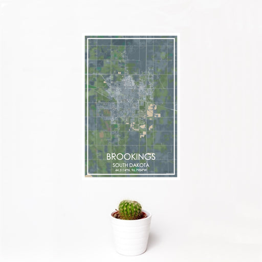 12x18 Brookings South Dakota Map Print Portrait Orientation in Afternoon Style With Small Cactus Plant in White Planter