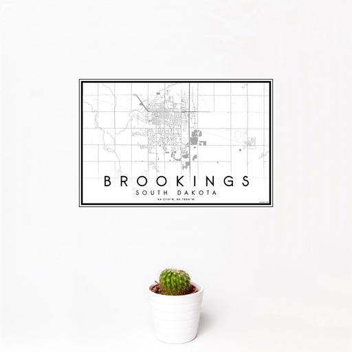 12x18 Brookings South Dakota Map Print Landscape Orientation in Classic Style With Small Cactus Plant in White Planter