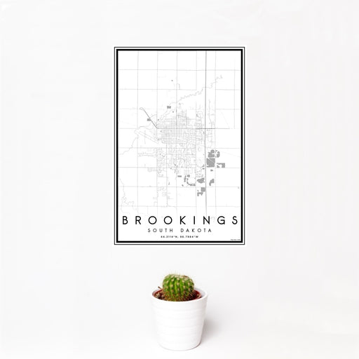12x18 Brookings South Dakota Map Print Portrait Orientation in Classic Style With Small Cactus Plant in White Planter