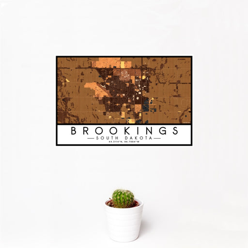12x18 Brookings South Dakota Map Print Landscape Orientation in Ember Style With Small Cactus Plant in White Planter