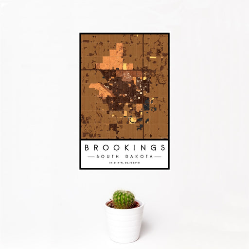 12x18 Brookings South Dakota Map Print Portrait Orientation in Ember Style With Small Cactus Plant in White Planter