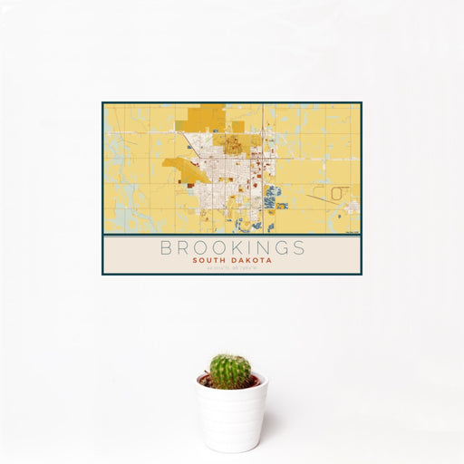 12x18 Brookings South Dakota Map Print Landscape Orientation in Woodblock Style With Small Cactus Plant in White Planter