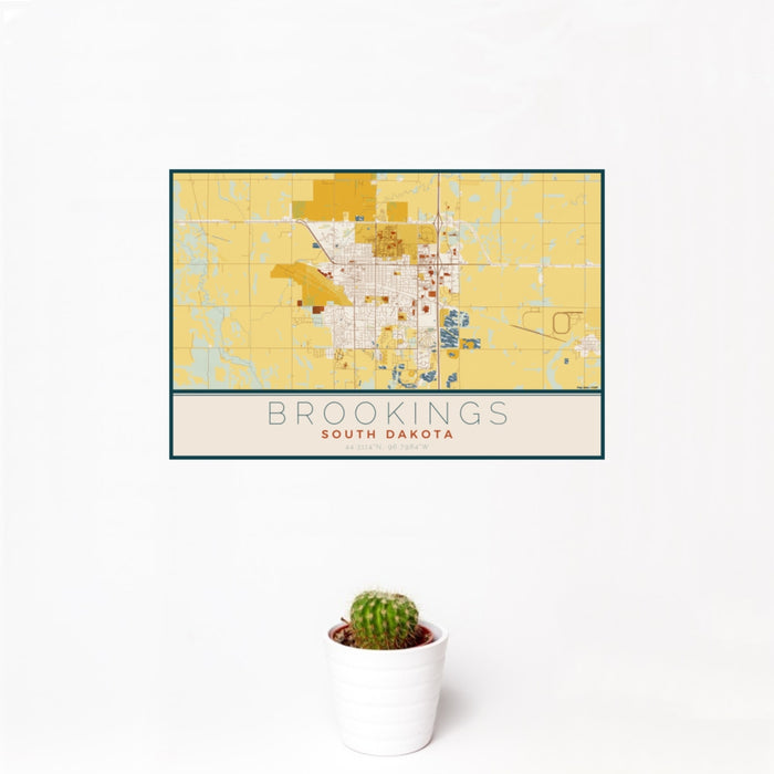 12x18 Brookings South Dakota Map Print Landscape Orientation in Woodblock Style With Small Cactus Plant in White Planter