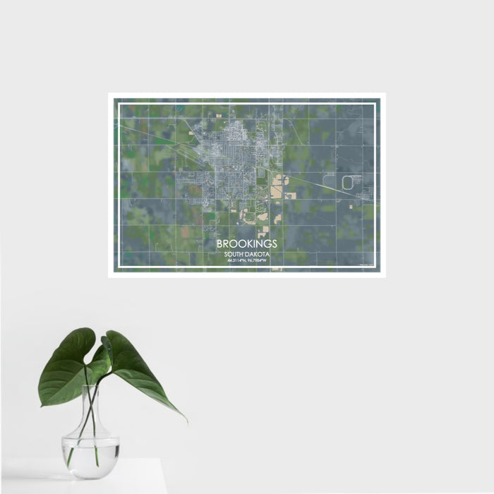 16x24 Brookings South Dakota Map Print Landscape Orientation in Afternoon Style With Tropical Plant Leaves in Water