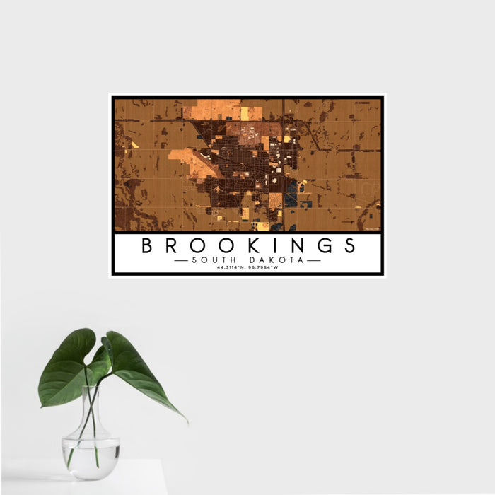 16x24 Brookings South Dakota Map Print Landscape Orientation in Ember Style With Tropical Plant Leaves in Water