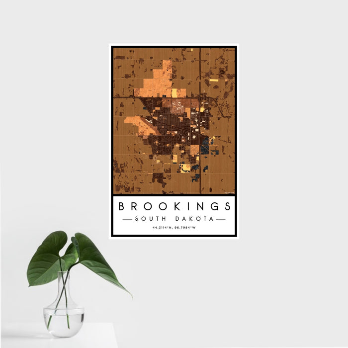 16x24 Brookings South Dakota Map Print Portrait Orientation in Ember Style With Tropical Plant Leaves in Water