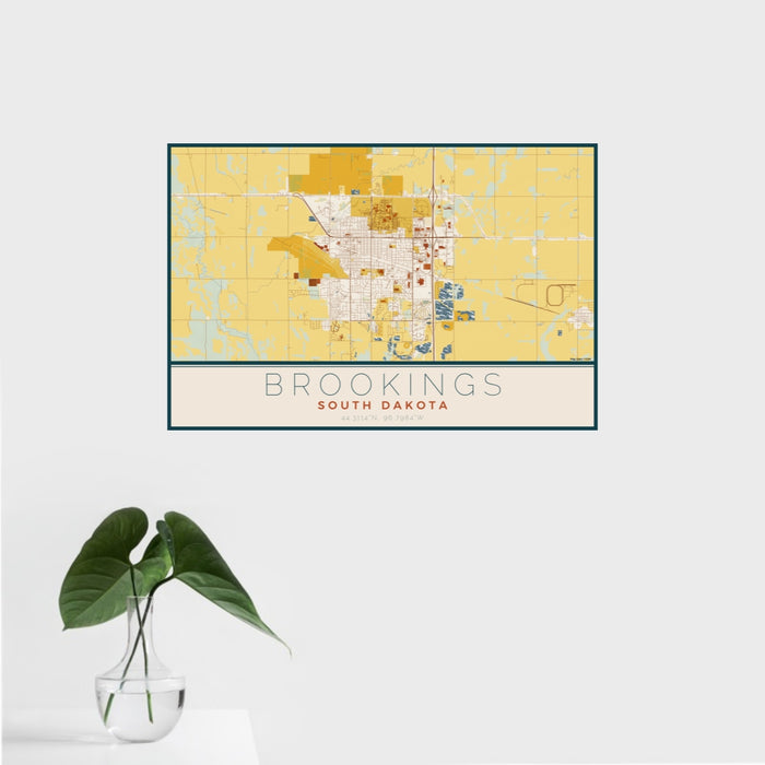 16x24 Brookings South Dakota Map Print Landscape Orientation in Woodblock Style With Tropical Plant Leaves in Water