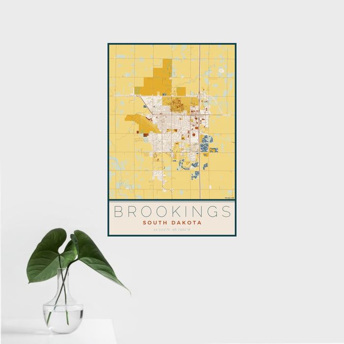 16x24 Brookings South Dakota Map Print Portrait Orientation in Woodblock Style With Tropical Plant Leaves in Water