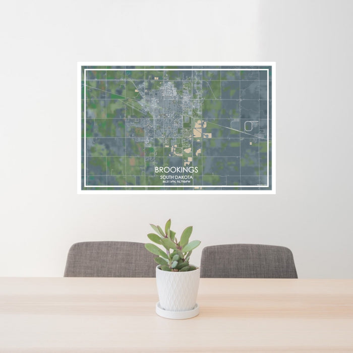 24x36 Brookings South Dakota Map Print Lanscape Orientation in Afternoon Style Behind 2 Chairs Table and Potted Plant