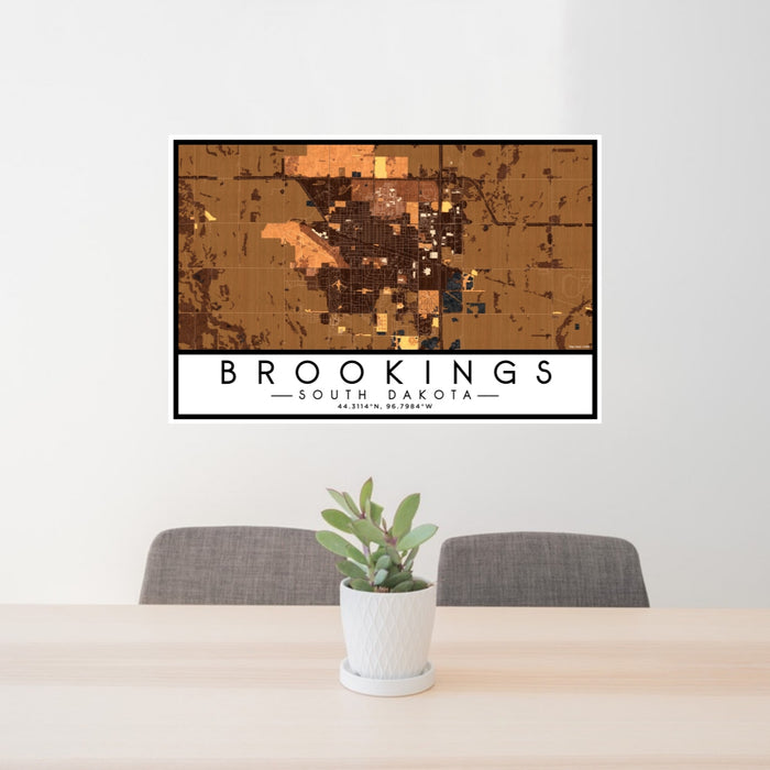 24x36 Brookings South Dakota Map Print Lanscape Orientation in Ember Style Behind 2 Chairs Table and Potted Plant