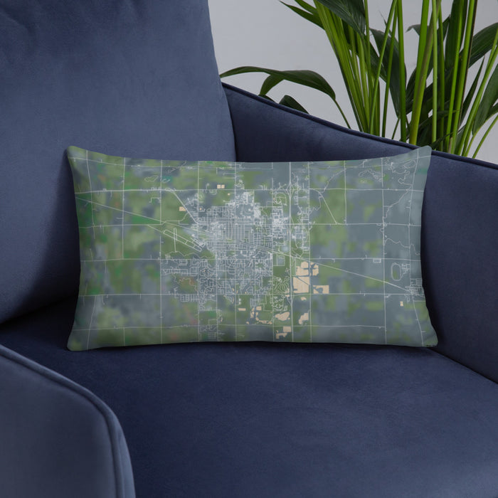 Custom Brookings South Dakota Map Throw Pillow in Afternoon on Blue Colored Chair
