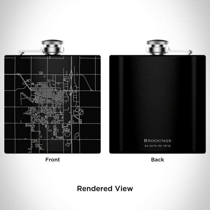 Rendered View of Brookings South Dakota Map Engraving on 6oz Stainless Steel Flask in Black