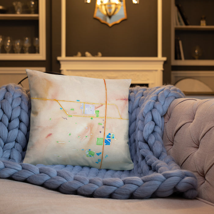 Custom Brookings South Dakota Map Throw Pillow in Watercolor on Cream Colored Couch