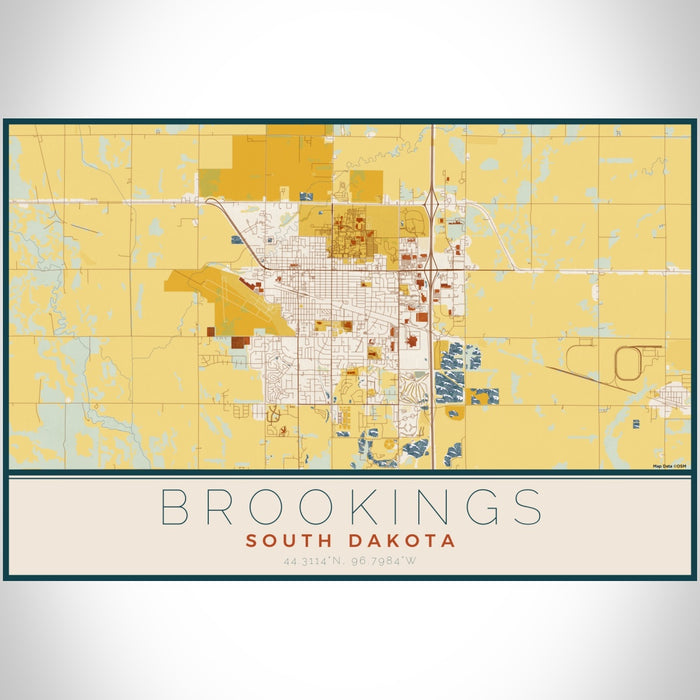 Brookings South Dakota Map Print Landscape Orientation in Woodblock Style With Shaded Background