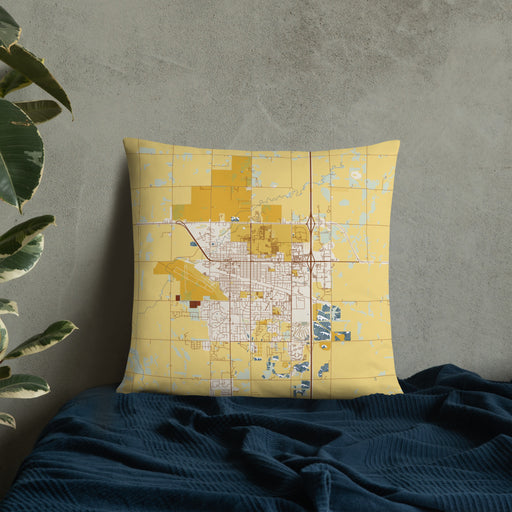 Custom Brookings South Dakota Map Throw Pillow in Woodblock on Bedding Against Wall
