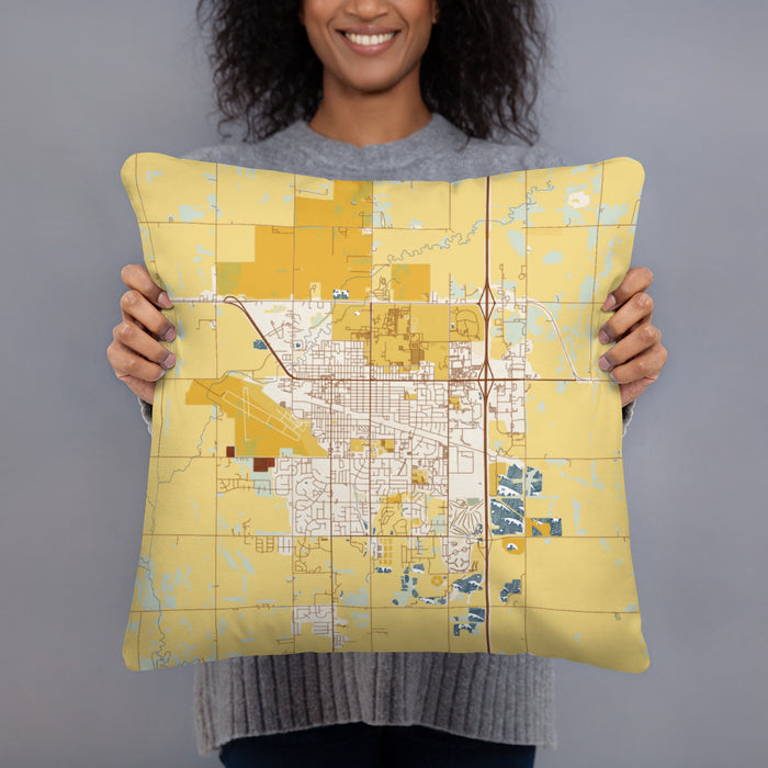 Person holding 18x18 Custom Brookings South Dakota Map Throw Pillow in Woodblock